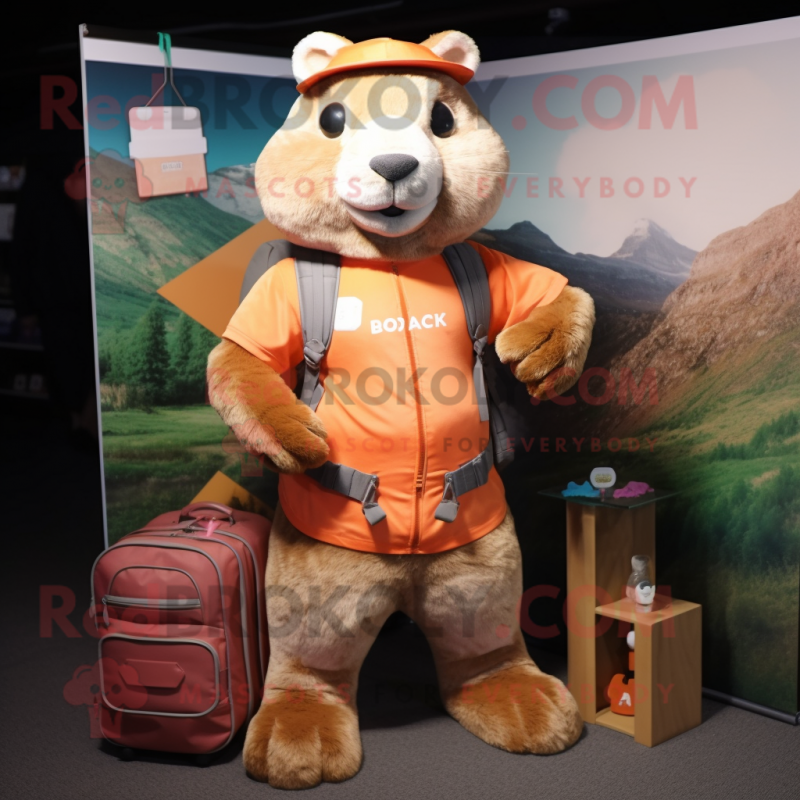 Peach Marmot mascot costume character dressed with a Cargo Shorts and Coin purses Peach Marmot mascot costume character dressed with a Cargo Shorts and Coin purses