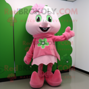 Pink Four Leaf Clover mascot costume character dressed with a Long Sleeve Tee and Scarf clips