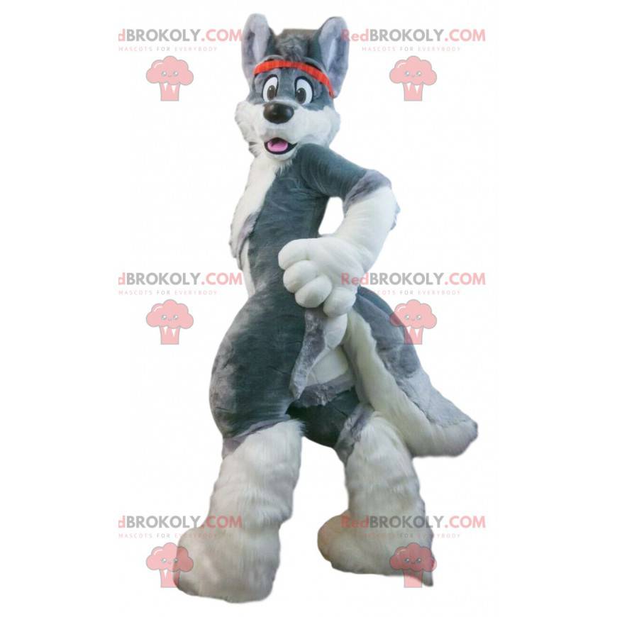 Mascotte de chien gris et blanc, costume de husky géant -