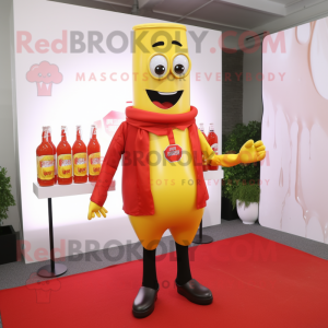 Yellow Bottle Of Ketchup mascot costume character dressed with a Dress Shirt and Suspenders