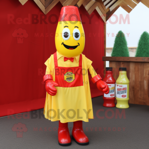 Yellow Bottle Of Ketchup mascot costume character dressed with a Dress Shirt and Suspenders