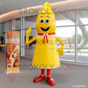 Yellow Bottle Of Ketchup mascot costume character dressed with a Dress Shirt and Suspenders