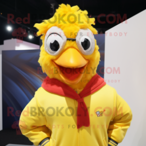 Yellow Rooster mascot costume character dressed with a Sweatshirt and Bow ties