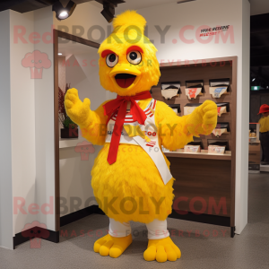 Yellow Rooster mascot costume character dressed with a Sweatshirt and Bow ties