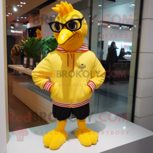 Yellow Rooster mascot costume character dressed with a Sweatshirt and Bow ties