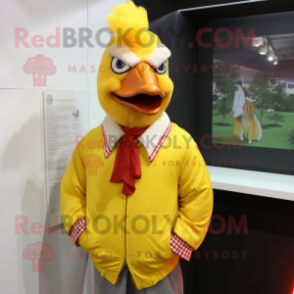 Yellow Rooster mascot costume character dressed with a Sweatshirt and Bow ties