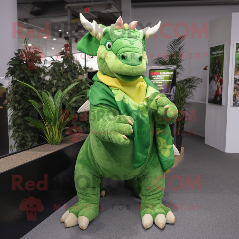 Green Triceratops mascot costume character dressed with a Jumpsuit and Scarves Green Triceratops mascot costume character dressed with a Jumpsuit and Scarves