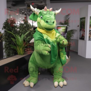 Green Triceratops mascot costume character dressed with a Jumpsuit and Scarves