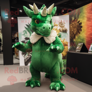 Green Triceratops mascot costume character dressed with a Jumpsuit and Scarves