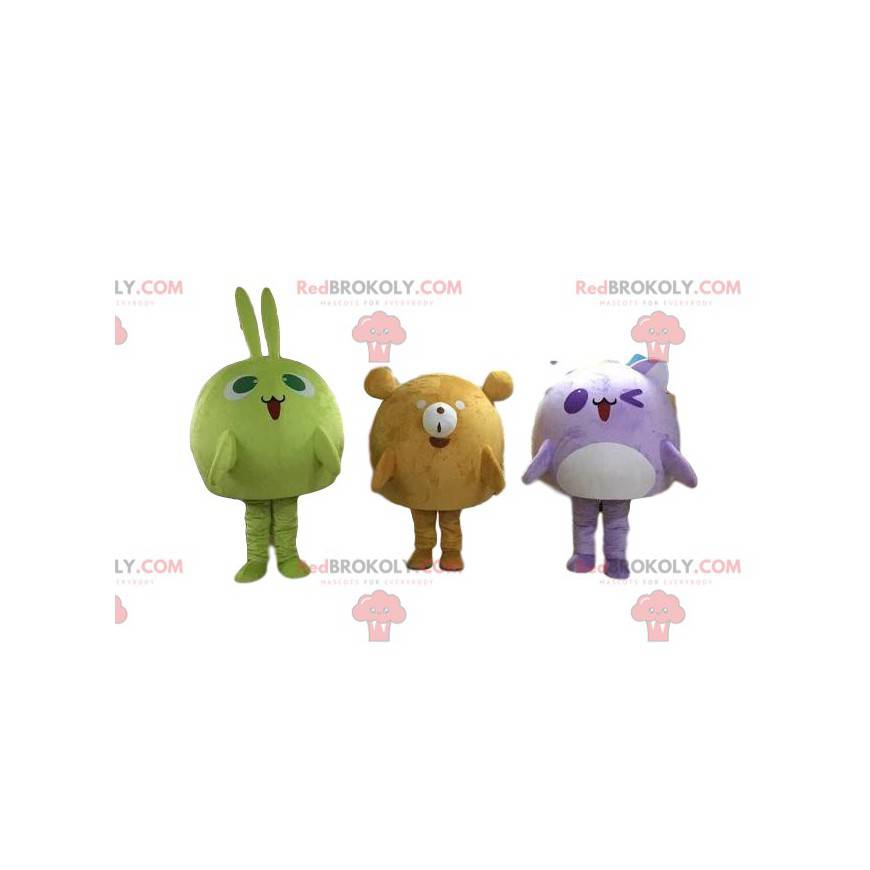 3 Maskottchen, ein Kaninchen, ein Bär und eine Katze, bunt und 3 Maskottchen, ein Kaninchen, ein Bär und eine Katze, bunt und