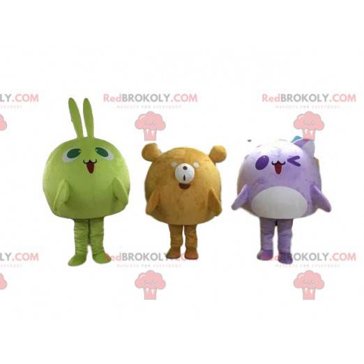 3 mascots, a rabbit, a bear and a cat, colorful and cute -