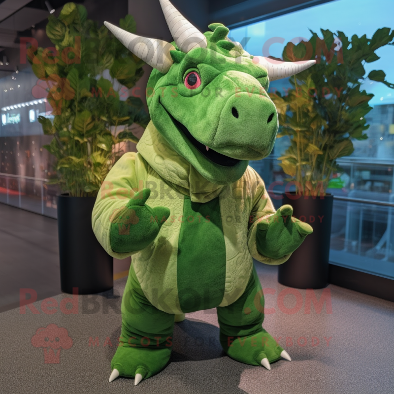 Green Triceratops mascot costume character dressed with a Jumpsuit and Scarves Green Triceratops mascot costume character dressed with a Jumpsuit and Scarves