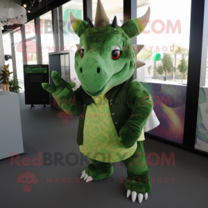 Green Triceratops mascot costume character dressed with a Jumpsuit and Scarves