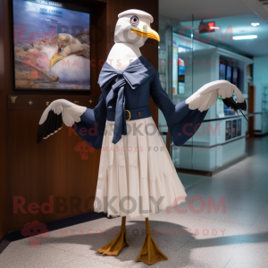 Navy Seagull mascot costume character dressed with a Mini Skirt and Scarves