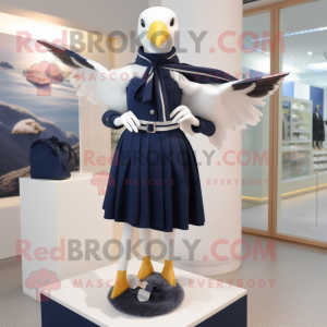 Navy Seagull mascot costume character dressed with a Mini Skirt and Scarves