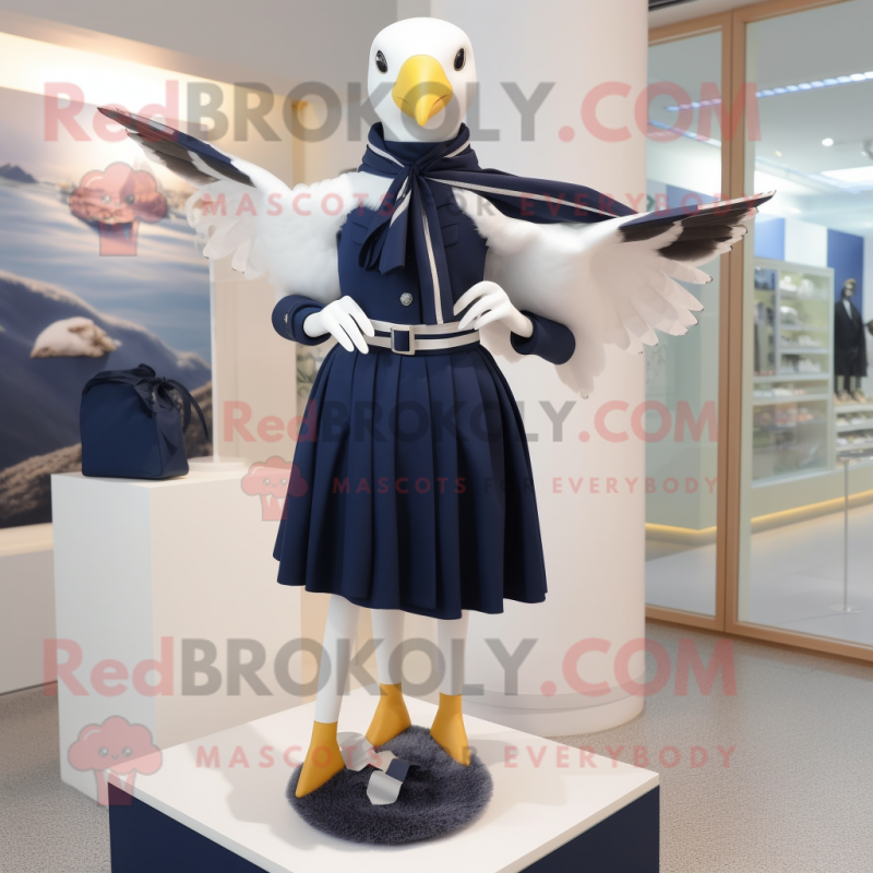 Navy Seagull mascot costume character dressed with a Mini Skirt and Scarves Navy Seagull mascot costume character dressed with a Mini Skirt and Scarves