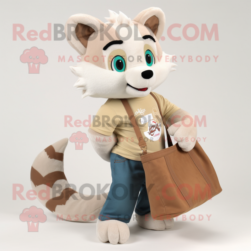 Cream Marten mascot costume character dressed with a Boyfriend Jeans and Tote bags Cream Marten mascot costume character dressed with a Boyfriend Jeans and Tote bags