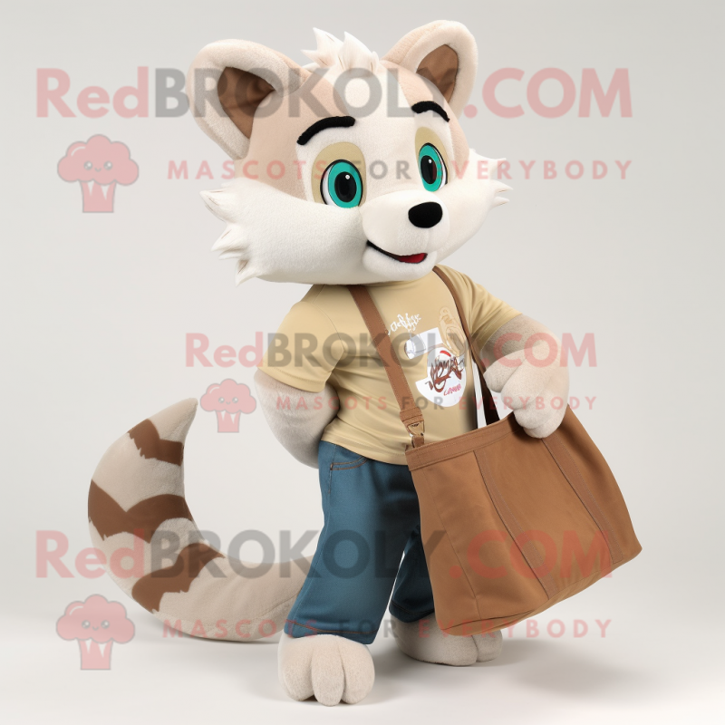 Cream Marten mascot costume character dressed with a Boyfriend Jeans and Tote bags