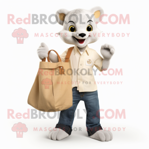 Cream Marten mascot costume character dressed with a Boyfriend Jeans and Tote bags