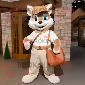 Cream Marten mascot costume character dressed with a Boyfriend Jeans and Tote bags