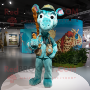 Turquoise Giraffe mascot costume character dressed with a Cargo Pants and Rings