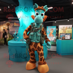 Turquoise Giraffe mascot costume character dressed with a Cargo Pants and Rings