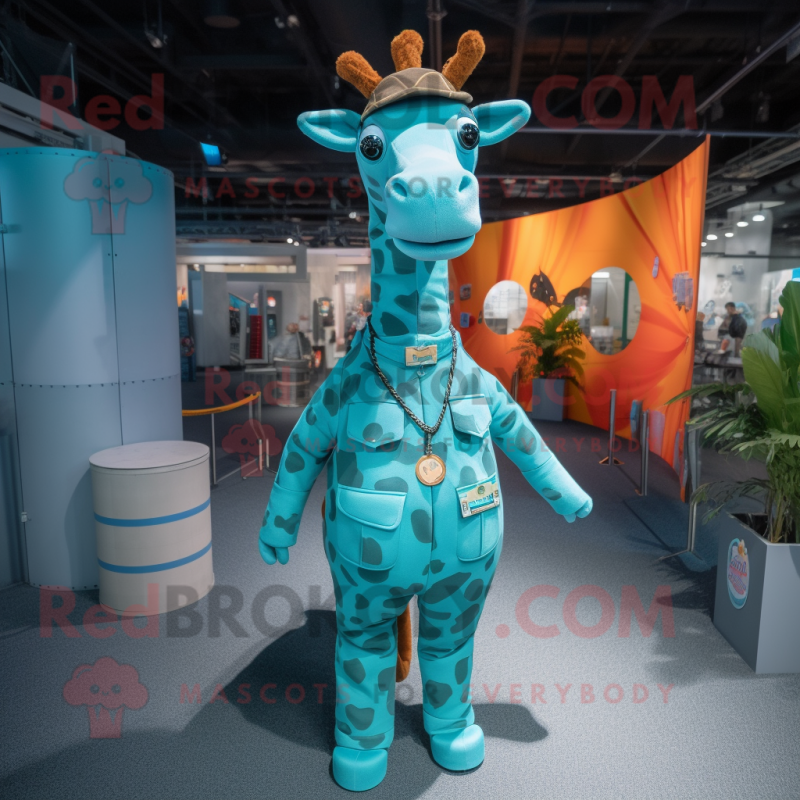 Turquoise Giraffe mascot costume character dressed with a Cargo Pants and Rings