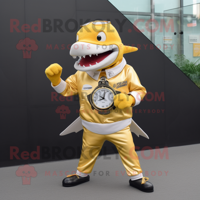 Gold Shark mascot costume character dressed with a A-Line Skirt and Digital watches