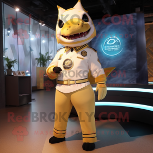 Gold Shark mascot costume character dressed with a A-Line Skirt and Digital watches
