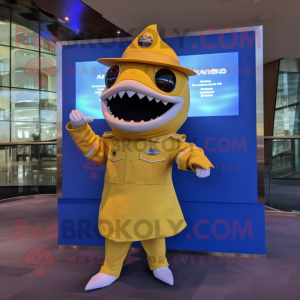 Gold Shark mascot costume character dressed with a A-Line Skirt and Digital watches