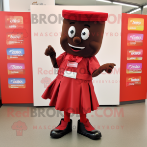 Red Chocolate Bar mascot costume character dressed with a Culottes and Shoe clips