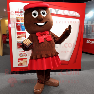 Red Chocolate Bar mascot costume character dressed with a Culottes and Shoe clips