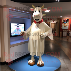 Beige Holstein Cow mascot costume character dressed with a Long Sleeve Tee and Earrings