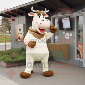 Beige Holstein Cow mascot costume character dressed with a Long Sleeve Tee and Earrings