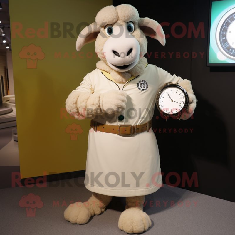 Cream Ram mascot costume character dressed with a Dress Shirt and Digital watches
