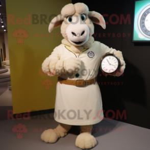 Cream Ram mascot costume character dressed with a Dress Shirt and Digital watches