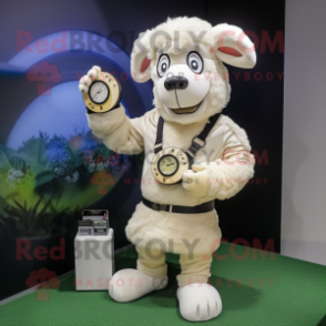 Cream Ram mascot costume character dressed with a Dress Shirt and Digital watches