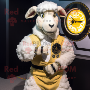 Cream Ram mascot costume character dressed with a Dress Shirt and Digital watches