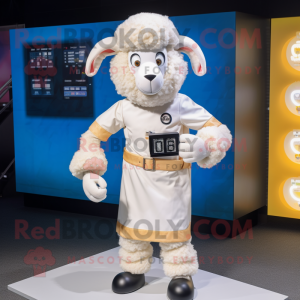 Cream Ram mascot costume character dressed with a Dress Shirt and Digital watches