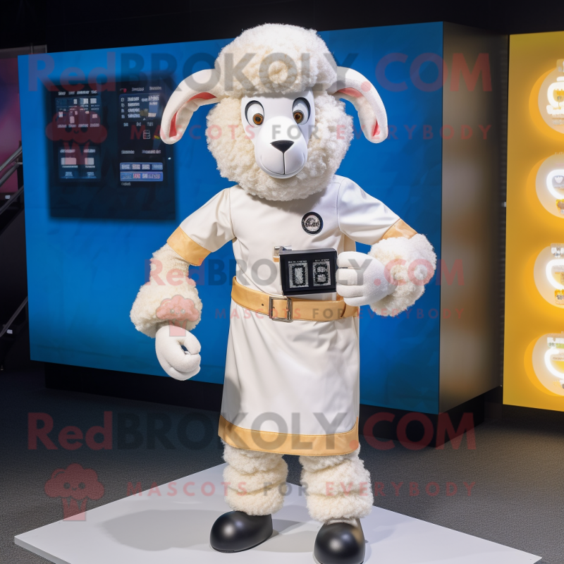 Cream Ram mascot costume character dressed with a Dress Shirt and Digital watches Cream Ram mascot costume character dressed with a Dress Shirt and Digital watches