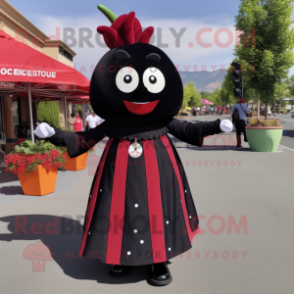 Black Cherry mascot costume character dressed with a Culottes and Foot pads