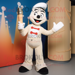Cream Mime mascot costume character dressed with a Flare Jeans and Mittens
