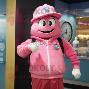 Pink Wrist Watch mascot costume character dressed with a Sweatshirt and Hats