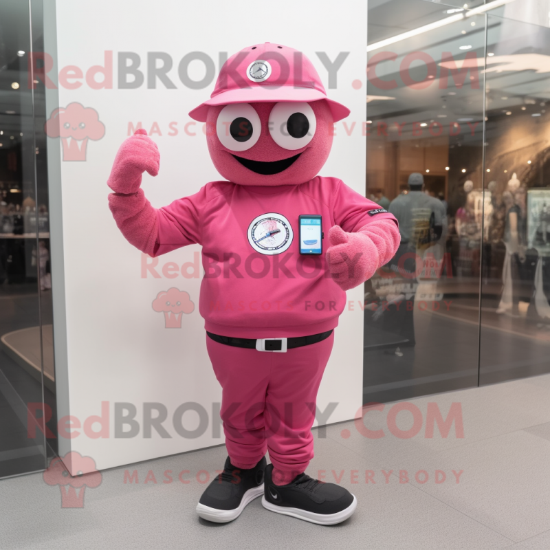 Pink Wrist Watch mascot costume character dressed with a Sweatshirt and Hats Pink Wrist Watch mascot costume character dressed with a Sweatshirt and Hats