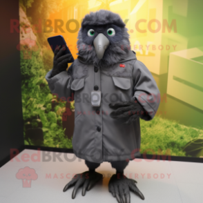 Gray Blackbird mascot costume character dressed with a Parka and Smartwatches