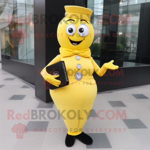 Yellow Hourglass mascot costume character dressed with a Pencil Skirt and Clutch bags