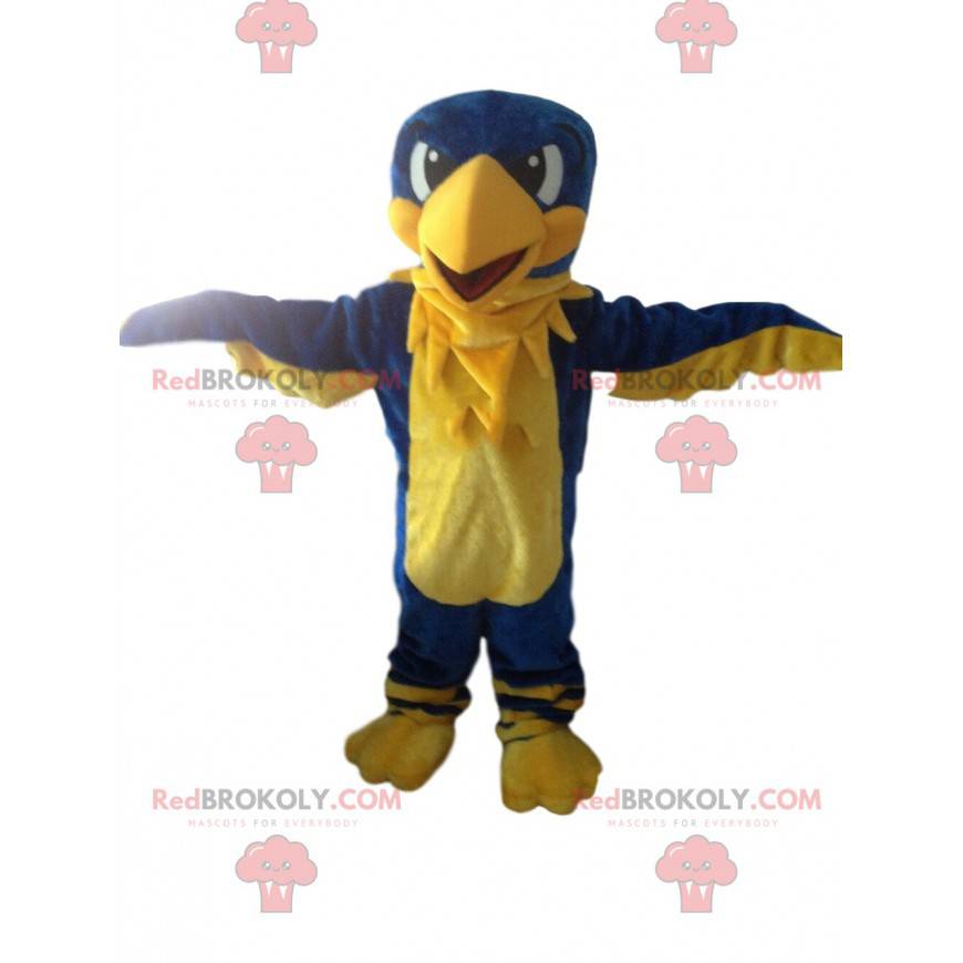 Mascotte aquila gialla e blu, uccello gigante, avvoltoio