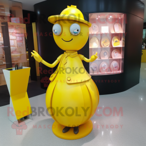 Yellow Hourglass mascot costume character dressed with a Pencil Skirt and Clutch bags