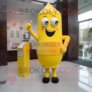 Yellow Hourglass mascot costume character dressed with a Pencil Skirt and Clutch bags