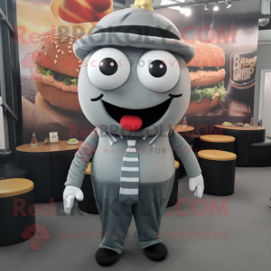Gray Burgers mascot costume character dressed with a Jumpsuit and Tie pins